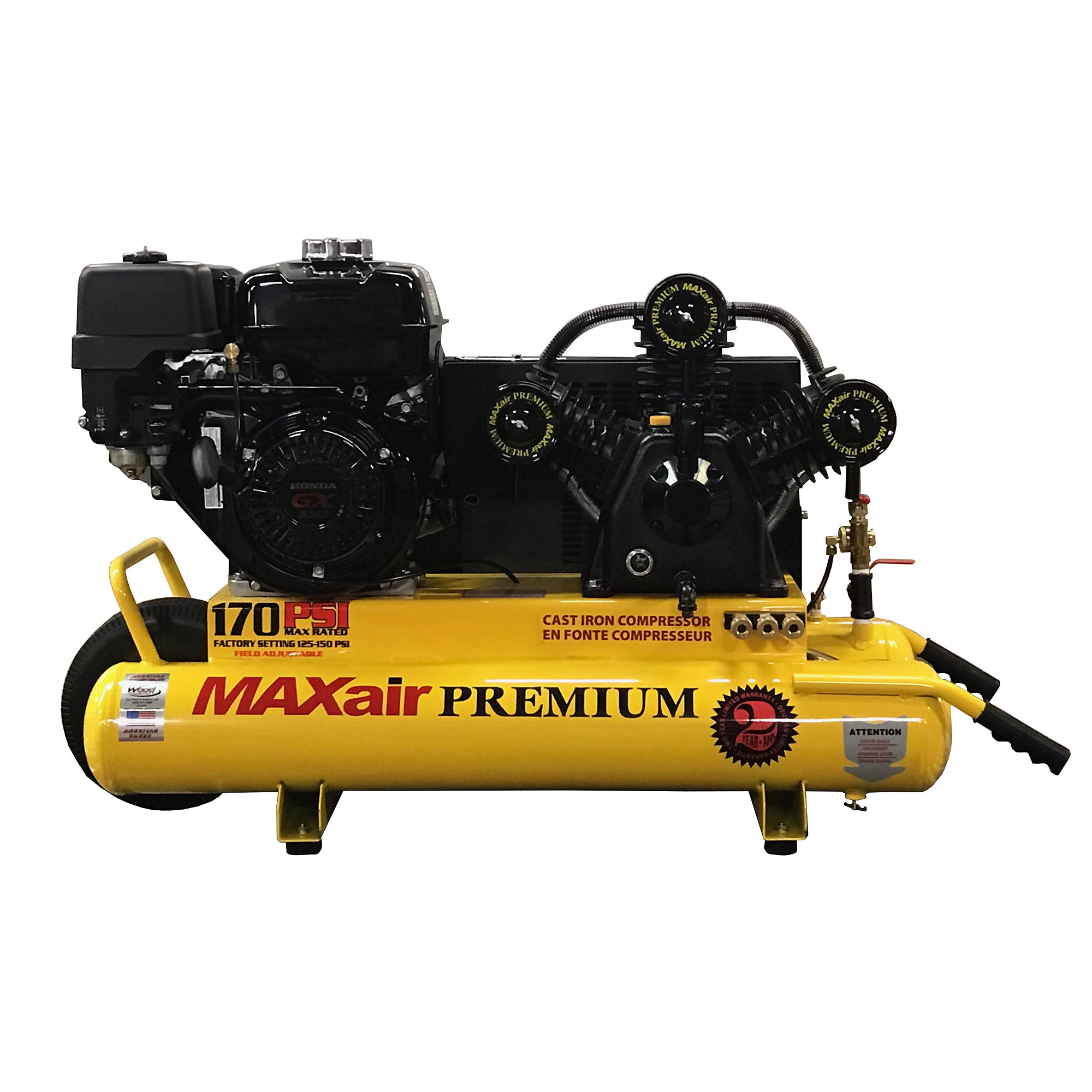 MAXair Premium Wheelbarrow Air Compressor, 22 CFM, 9 HP, 10-Gal. Tank, 170 PSI, Honda Engine, Model# TT90G + MAP